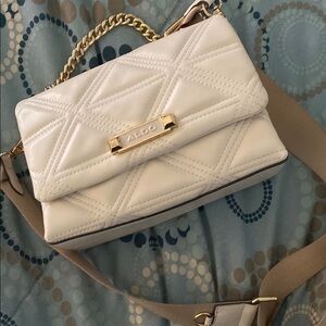 Aldo Tan and White Quilted Crossbody Bag with Gold Chain